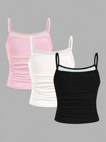 3pcs/Set Tween Girl Slim Fit Casual Sporty Camisole Basic Top - White - View 2