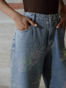 MOTF PREMIUM RHINESTONE STRAIGHT LEG JEANS - Blue - View 4