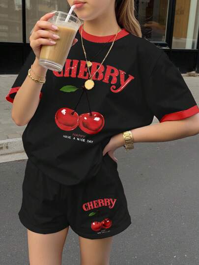 SHEIN Leap Crew 夏季女童休闲简约短袖上衣和短裤两件套