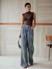 MOTF PREMIUM RHINESTONE STRAIGHT LEG JEANS - Blue - View 3