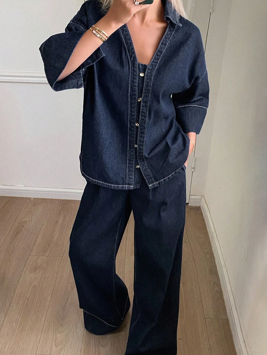 Livesso 女士宽松休闲牛仔衬衫和牛仔裤套装，全新秋季系列 - 藍色 - 查看 1