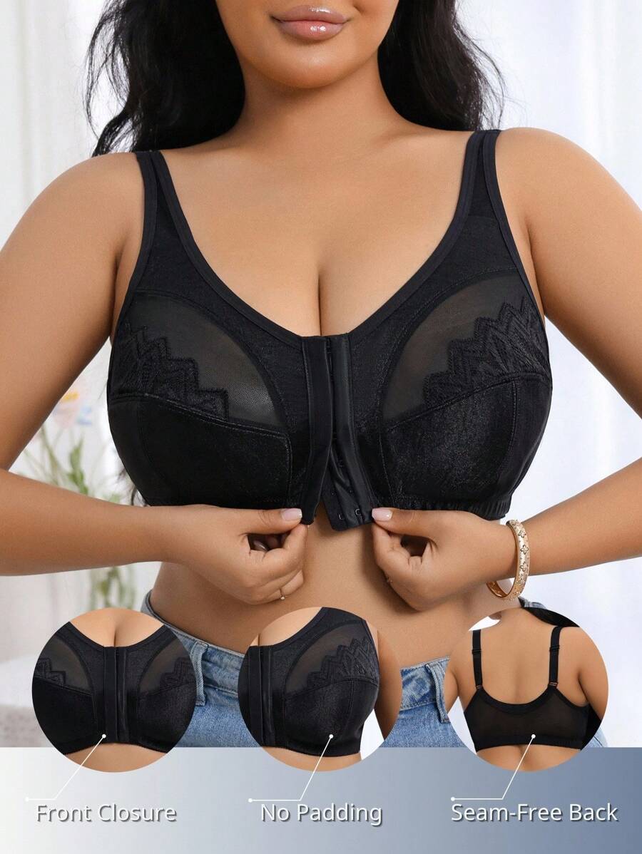 SHEIN 1pc Plus Size Women Front Button Comfortable Underwear Plus Size Bra Front Closure Bra Wireless Bra No Padding Bra Seamless Bra Plus Size Wireless Bra - Black - View 1