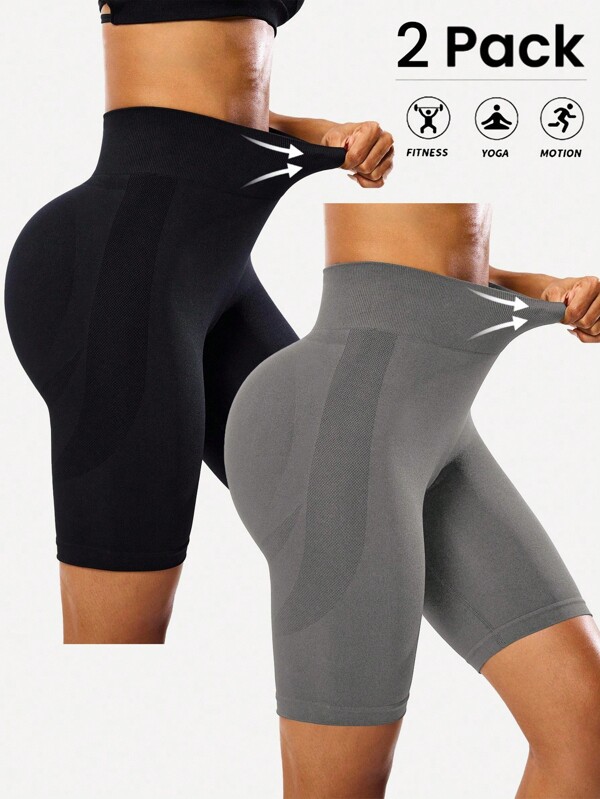 Gameset SHEIN Sport 2pcs Women's Solid Color High Waist Everyday Fitness Sports Seamless Biker Shorts Women High Waist Workout Shorts High Stretch Biker Shorts Tummy Control Biker Shorts