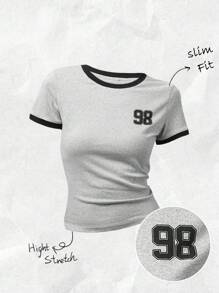 SHEIN Girlism 少女圆领短袖温柔甜美时尚撞色数字和字母印花修身 T 恤，休闲，运动，街头，学校，返校女士短款婴儿 T 恤女士 Ringer Tee 短款 T 恤婴儿 T 恤少女短款 T 恤女士图案 T 恤热门关键词女士基本款 T 恤