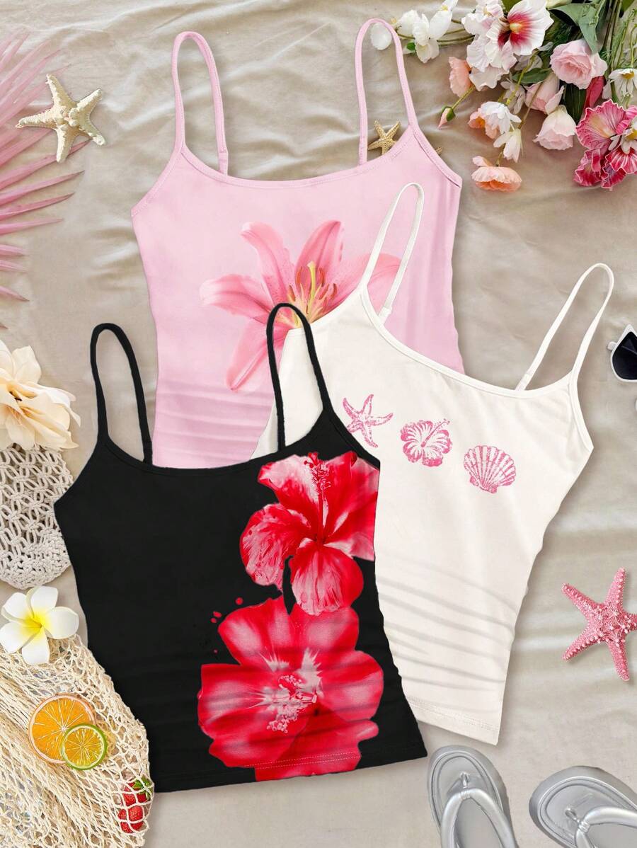 3pcs/Set Tween Girl Slim Fit Casual Sporty Camisole Basic Top - White - View 1