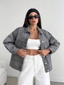 EURMUSE Veste en jean grise oversize décontractée pour femme - Gris - Voir 2