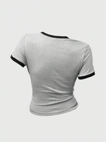 SHEIN Girlism 少女圆领短袖温柔甜美时尚撞色数字和字母印花修身 T 恤，休闲，运动，街头，学校，返校女士短款婴儿 T 恤女士 Ringer Tee 短款 T 恤婴儿 T 恤少女短款 T 恤女士图案 T 恤热门关键词女士基本款 T 恤