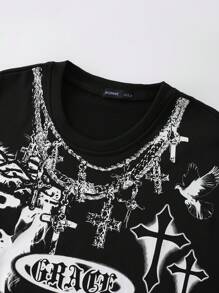 ROMWE MEN Street Life Men's Oversized Short Cross Printed T-Shirt - Black - View 7