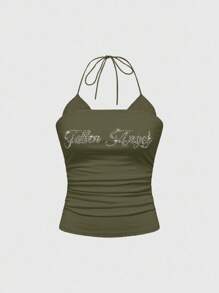 ROMWE Women's Rhinestone Embellished 2 In 1 Lace Trim Halter Neck Pleated Camisole