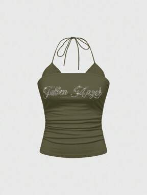 Women's Rhinestone Embellished 2 In 1 Lace Trim Halter Neck Pleated Camisole