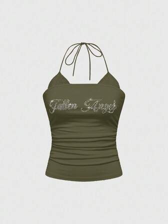 Camiseta de mujer con cuello halter con adornos de strass y dobladillo de encaje plisado 2 en 1