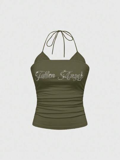 Débardeur plissé à encolure ras-du-cou orné de strass et de dentelle 2 en 1 pour femmes