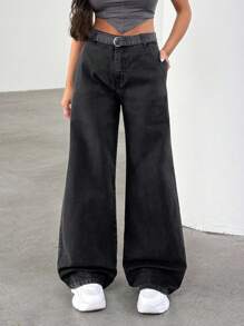EURMUSE Jeans droits à taille haute avec ceinture pour femmes - Noir - Voir 4