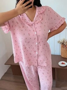 CottageSlumber Plus Size Ditsy Floral Ruffle Collar Cardigan Pajama Set - Multicolor - View 4