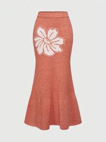 ROMWE Women's Floral Jacquard Knitted Skirt, New Arrival Elegant Long Skirt For Early Autumn - Orange - View 1