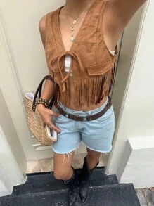 Sunnyshic 女式复古流苏牛仔背心夹克。西部牛仔背心，西部风女式流苏背心，女式牛仔背心 - 棕色 - 查看 3