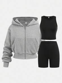 SHEIN Girlism 3pcs/Set Teen Girl Basic Minimalist Cropped Sweatshirt & Leggings & Tank Top Clothes, Casual, Sportswear, Loungewear, Back To School, Fall Concert Outfit Winter - Multicolor - View 15