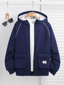 SHEIN Teens Boys' Casual Comfortable Versatile Thermal Lined Hooded Thick Jacket, Suitable For Fall Autumn And Winter Clothes Christmas And New Year Party Wear, Sporty Jogging Puffer Plush Jacket Coat Basic Wear Suitable For Commuting, School, Daily Casual, Travel, Outdoor Party, Sports - Blue - View 3