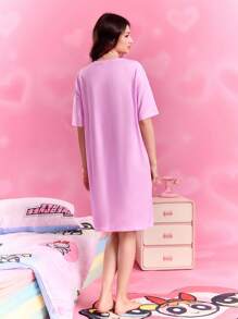 THE POWERPUFF GIRLS X SHEIN Women's Comfortable & Cute Blossom, Bubbles, Buttercup Pattern Nightgown, Summer, Moo Moo - Pink - View 2