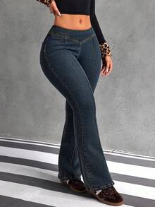 SHEIN Tall 女士休闲百搭日常喇叭牛仔裤，带口袋 - 藍色 - 查看 5