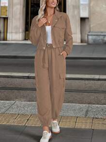EMERY ROSE 2 piezas Conjunto de chaqueta y pantalones de un solo botonadura de unicolor y manga larga casual para mujer - Caqui - Ver 6