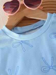 Girls Casual Sweet Daily Round Neck Short Sleeve Cropped Bow Print T-Shirt And Elastic Waist Bow Denim Shorts Set Little Girl Denim Shorts Set Toddler Girl Bow Denim Set Little Girl Denim Set Summer Two Piece Set For Kids Kid Two Piece Set With Bows Girls Jean Shorts Set Blue Kid Sets Summer Holiday