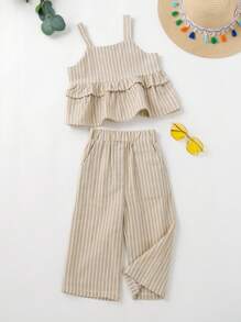 SHEIN Vintaside Kids 年轻女孩条纹荷叶边吊带背心和裤子