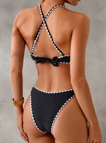 Shapewave 女式黑色性感比基尼套装带白色蕾丝边，无肩带，海滩度假两件套泳衣 - 黑色 - 查看 2