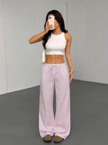 SHEIN Tall Women's Striped Bubble Crinkle Fabric Low Waist Drawstring Tie Straight Pockets Wide Leg Loose Pants, Suitable For Vacation, Beach, Casual, Daily Wear, Tall Size, Summer Fall Cloth For Women