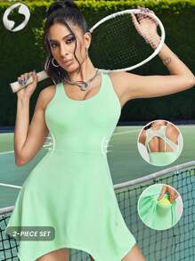 Innovista Đầm tennis thể thao nữ, đường may tương phản, quần short liền thân, túi, màu trơn, thiết yếu, tập luyện, có đệm ngực tháo rời, đồ thể thao co giãn, bộ đồ tập thể dục liền thân, hở lưng với đường cắt lưới, thoáng khí, đầm thể thao mùa thu, đơn giản, tiện dụng hàng ngày, màu xanh lá chanh, đầm chức năng. - Màu xanh Bạc hà - Xem 1