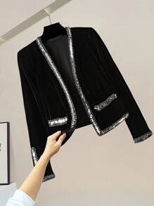 EMERY ROSE Chaqueta de cárdigan de terciopelo para mujer con ribete de cuentas - Negro - Ver 1