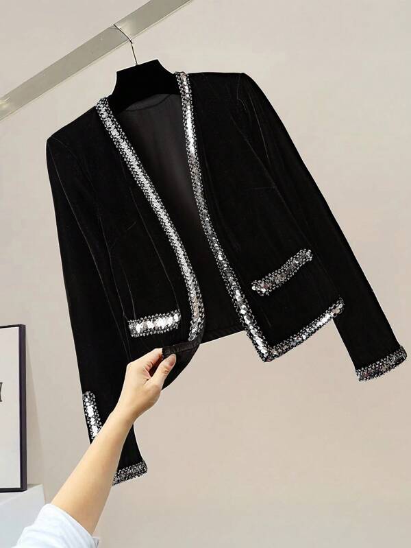 EMERY ROSE Women's Velvet Cardigan Jacket With Beaded Trim Fall Winter Cloth For Women