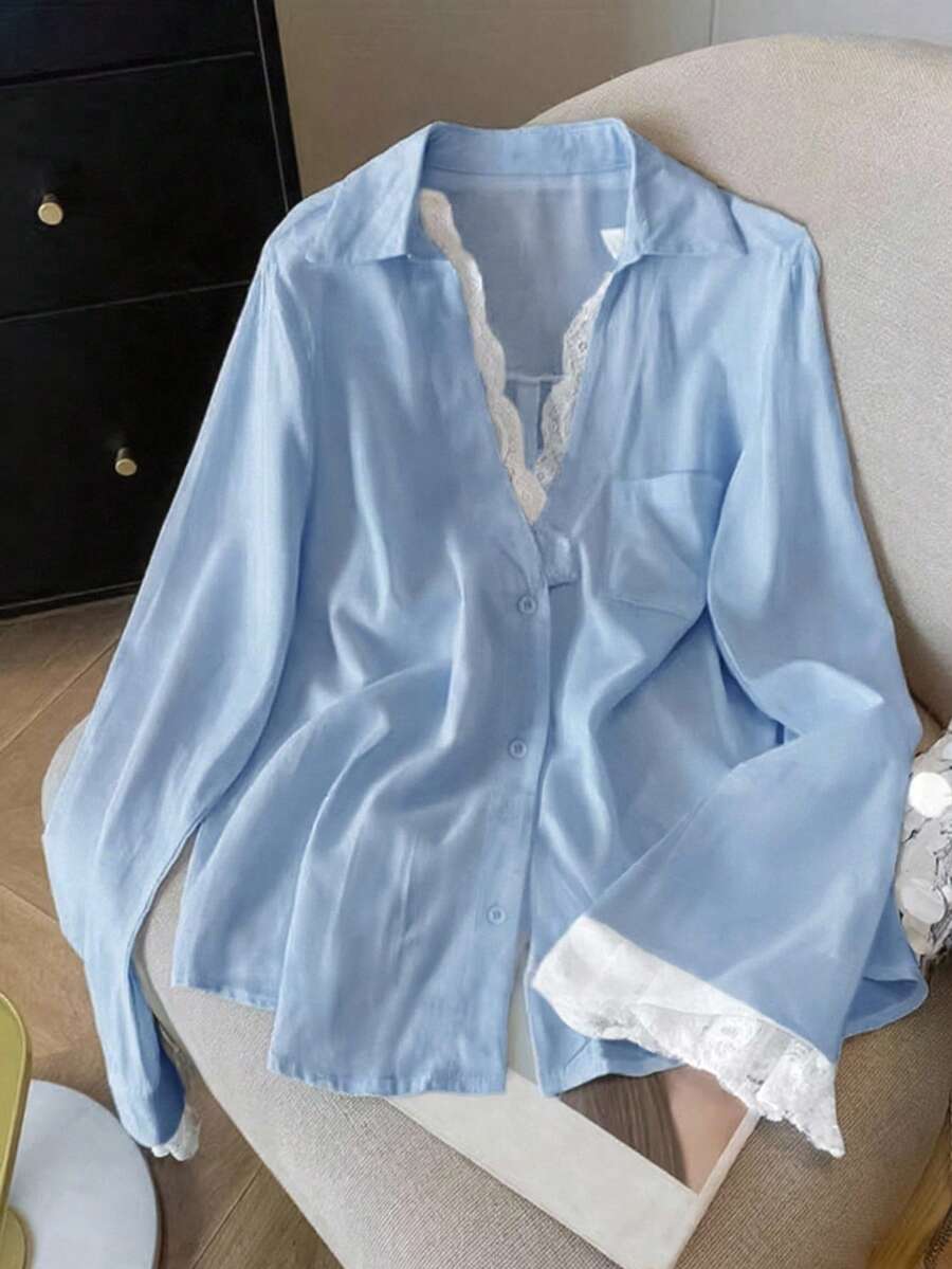 INAWLY 女士蕾丝拼布前扣口袋长袖休闲衬衫 - 藍色 - 查看 1
