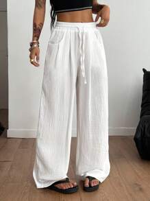 Coolane 女士夏季音乐会狂欢节外出文艺复兴博览会日常穿着纹理褶皱白色阔腿裤 - 白色 - 查看 3