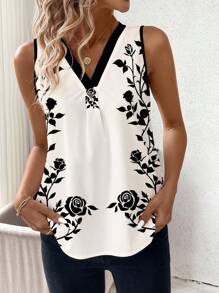 SHEIN Clasi 女士玫瑰印花无袖V领背心，夏季 - 杏色 - 查看 4