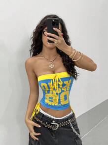 StreetHx Áo crop top dây rút in chữ màu tương phản thời trang dạo phố mùa hè dành cho nữ - Màu xanh lam - Xem 4