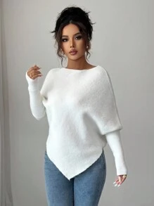 Elenzga 女式不对称蝙蝠袖圆领休闲优雅针织毛衣上衣，适合春秋冬季度假和节日穿着 - 杏色 - 查看 4