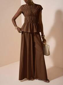 Zivah 2025 年夏季新品，音乐节，毕业季，学院风，学生装，日常休闲，度假，海滩，日光浴，街头服饰，杏色纹理面料，褶皱感圆领短袖荷叶边衬衫和阔腿裤两件套