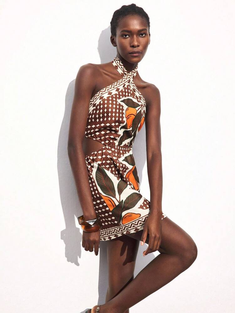 SHEIN Maija Bohemian Multi-Color Print Vacation Criss-Cross Halter Mini Dress For Women, Comfortable Casual Dress For Autumn, Holiday, Beach, Music Festival, Hollow Out Flattering,Fall Women Clothes