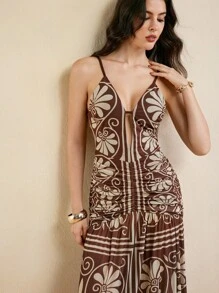 JIAN LASALA 复古印花网纱波西米亚风度假连衣裙，配有可调节肩带，女士长款连衣裙，棕色长款连衣裙，棕色印花长款连衣裙，棕色夏季连衣裙，棕色度假连衣裙，棕色图案长款连衣裙，约会之夜服装，女士婚礼宾客晚礼服，婚礼宾客奢华装扮 - 棕色 - 查看 5