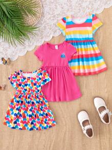 SHEIN 3pcs/Set Baby Girls' Casual Colorful Striped Heart Print Round Neck Hooded Dress