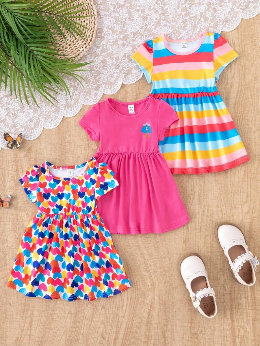 SHEIN 3pcs/Set Baby Girls' Casual Colorful Striped Heart Print Round Neck Hooded Dress