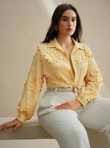 Anewsta Autumn/Winter Fashion Loose Embroidered Floral Plus Size Women Long Sleeve Shirt - Yellow - View 2