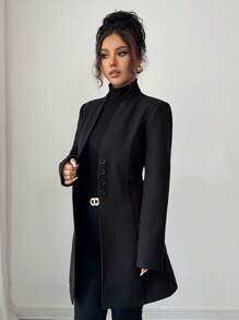 SHEIN Tall 女士休闲立领羊毛混纺修身夹克 - 黑色 - 查看 6