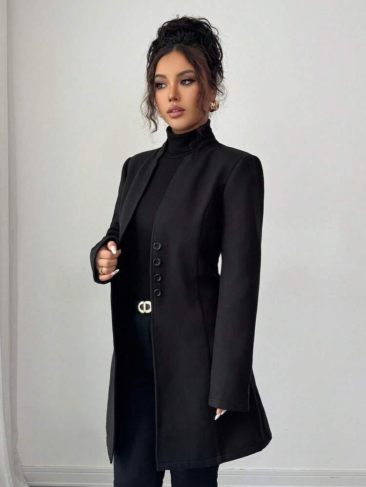 SHEIN Tall 女士休闲立领羊毛混纺修身夹克 - 黑色 - 查看 6