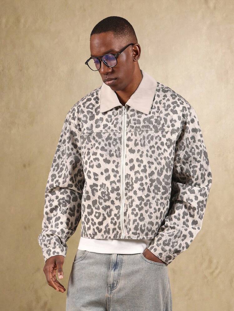 Leopard Print Denim Jacket With Zip Front And Contrast Collar
