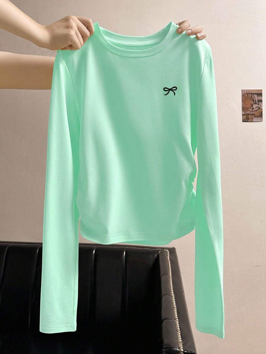 INAWLY 女士蝴蝶结印花圆领长袖休闲T恤 - 薄荷綠 - 查看 1
