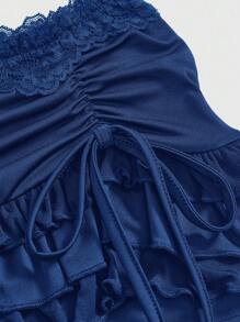 ROMWE Grunge Punk 春假演唱会女装狂欢节情人节低腰豹纹蕾丝边性感复古分层荷叶边蝴蝶结褶皱女式迷你裙 - 藍色 - 查看 3