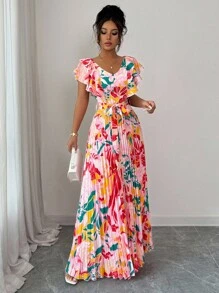 Elenzga 荷叶边袖 V 领度假 A 字腰褶皱优雅浪漫女式连衣裙 - 彩色 - 查看 6