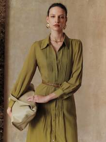 Arave 女士天丝纯色衬衫领全纽扣装饰长袖束腰系带舒适透气休闲连衣裙，适合夏秋季日常、度假、约会、通勤、购物 - 綠色 - 查看 7